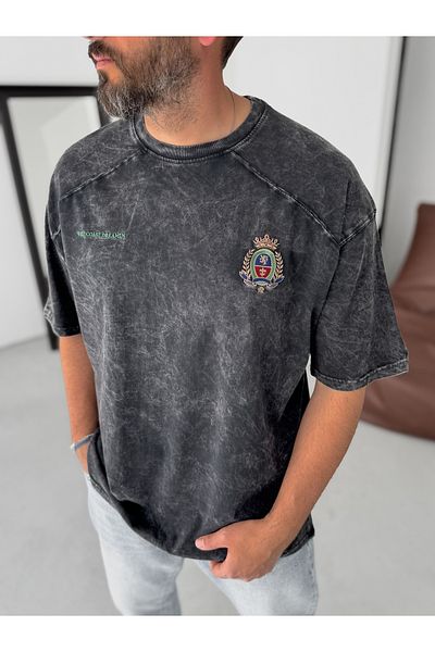 BYBASICMAN Black Crest Embroidered Washed Oversize T-Shirt Jj-307