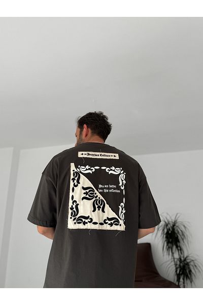 BYBASICMAN Anthracite Straw Patched Motif Oversize T-Shirt Jj-214