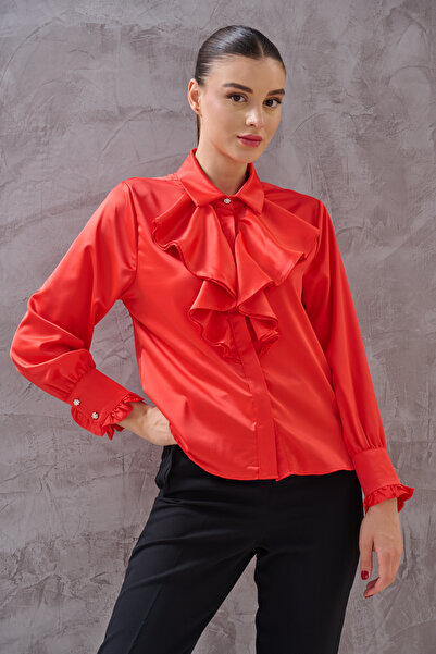 SHUGAA KADIN ÖNÜ FIRFIRLI TAŞ DÜĞME DETAY TASARIM SATEN GÖMLEK