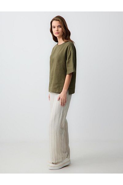 Jimmy Key Stone Relaxed Cut High Waist Loose Wide Leg Striped Linen Trousers
