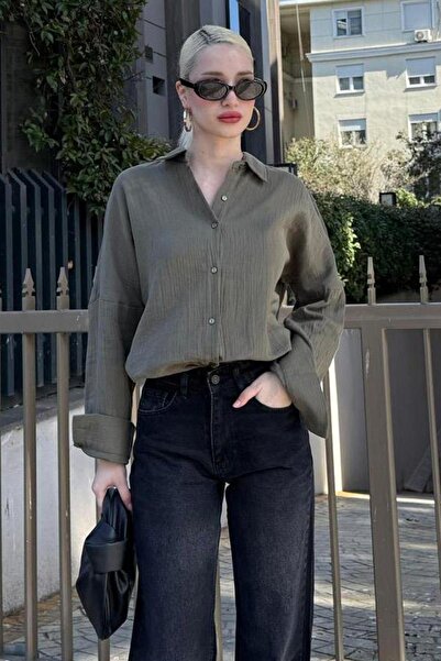 Madmext Haki Muslin Kumaş Basic Kadın Gömlek MG1660