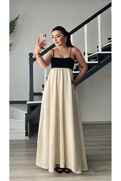 Oslove Natural Patchwork Maxi Keten Elbise
