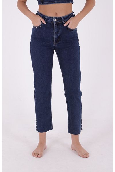 RICHMOST High Waisted Mom Fit Women's Jean Jeans with Rhinestones at the Legs and Slit Pockets Straight Dark Rins Denim