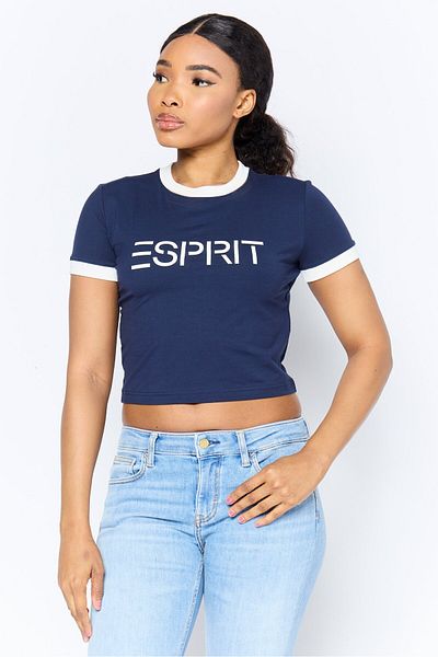 Esprit Women Crew Neck Short Sleeve Brand Logo T-shirt, Navy