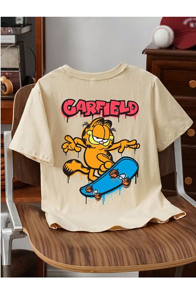 VBSVİBES Garfield Front Back Printed Kids Beige T-Shirt- Girls Boys Summer Crew Neck T-Shirt