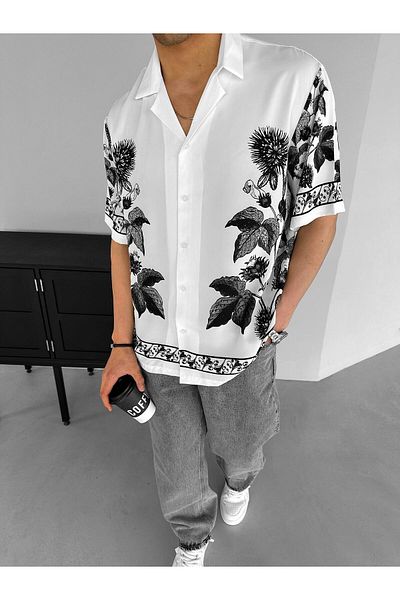 ablukaonline Ανδρικό πουκάμισο εκρού - Oversize Floral Motif, Κουβανέζικος γιακάς, κοντομάνικο