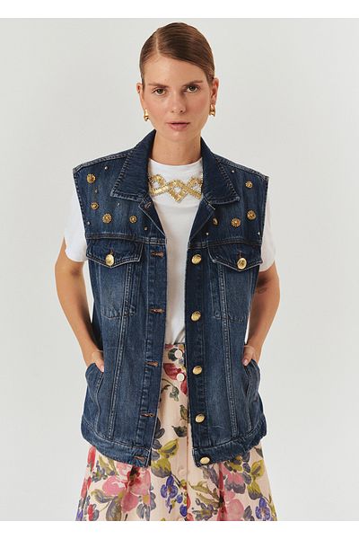 Exquise Stone Detailed Cotton Indigo Denim Vest