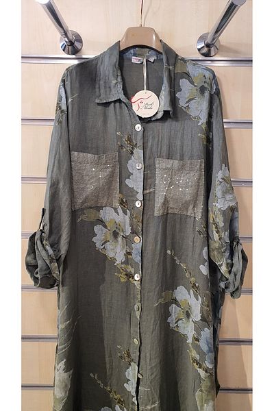 Park Moda Buquet Patterned Linen Dress with Sequin Pocket Detail