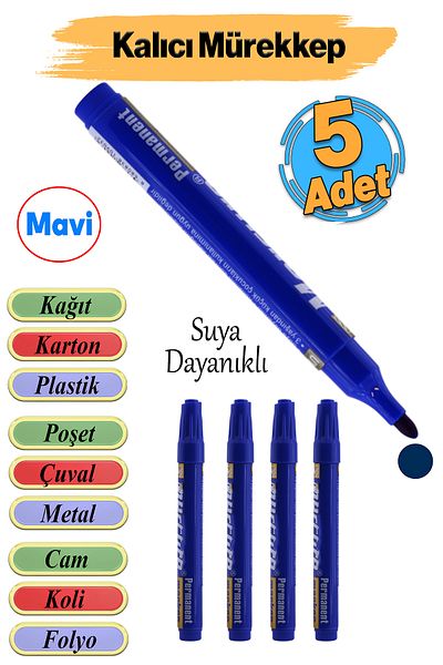 Badem10 Permanent Dead End Parcel Pen (5 Pcs) Water Resistant Marking Marking Blue Pen Metal Glass Sack