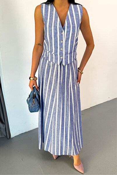 modaserdem Blue Linen Striped Vest and Long Ethic Suit