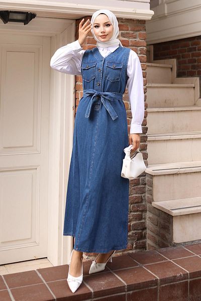 Modamihram Belt Detailed Denim Gilet Light Blue 19246