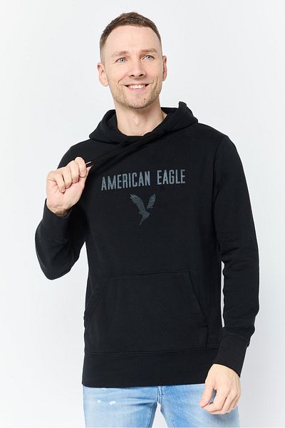 AMERICAN EAGLE Men Long Sleeves Brand Logo Hoodie, Black