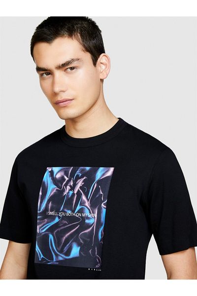 Sisley 100% Cotton Front Print Detailed Crew Neck T-Shirt Men's Black T-Shirt - 324P3I1Xs103I