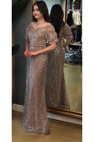 Abiyeniall Rochie de seară lungă, bej, cu mâneci cu balon, cu dantelă, cu croială dreaptă, argintie 7278