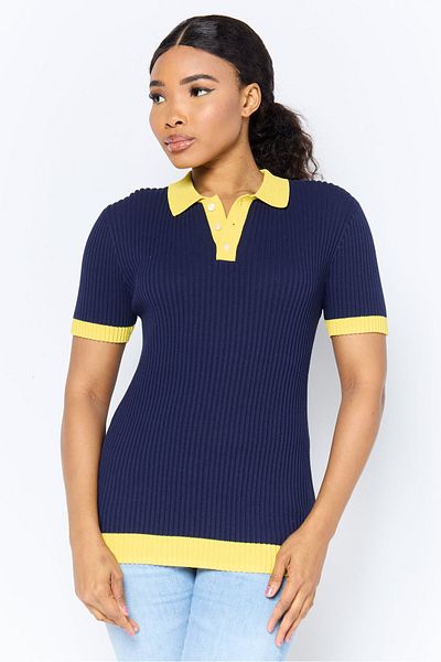Esprit Women Regular Fit Short Sleeve Ribbed Polo Shirt, Navy
