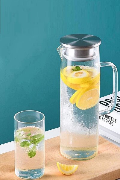 Rosemor Borosilikat Cam Sürahi Modern Tasarım Cam Kulplu Metal Kapaklı