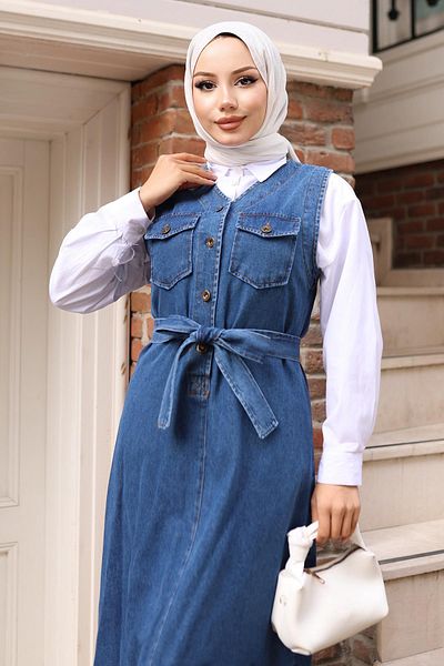 Modamihram Belt Detailed Denim Gilet Light Blue 19246
