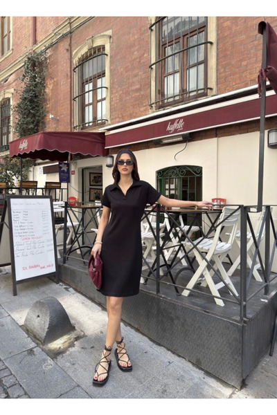 Aymood Osy Modal Soft Textured Fabric Collar Short Sleeve Dress - Black