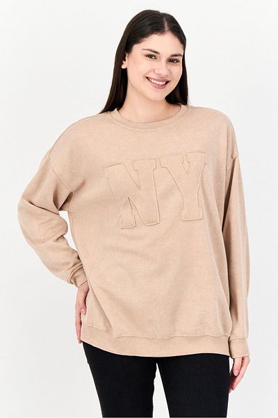 No Comment Women Crew Neck Long Sleeves Knitted Sweatshirt,light Brown