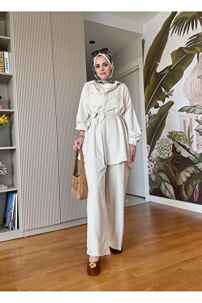 Miraydın Butik Σετ πουκάμισο με ριγέ παντελόνι M300 - Μπεζ