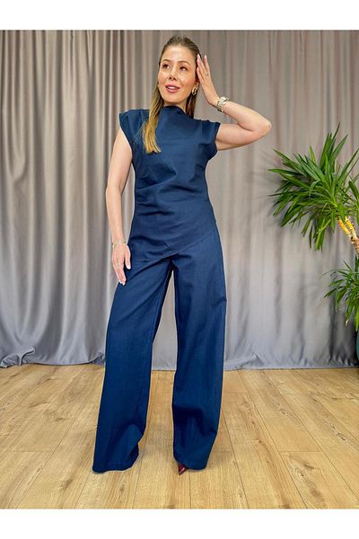 Size Özgü Navy Blue Hem Asymmetrical Suit
