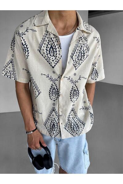 ablukaonline Ανδρικό πουκάμισο με λινό σχέδιο σε κρεμ χρώμα