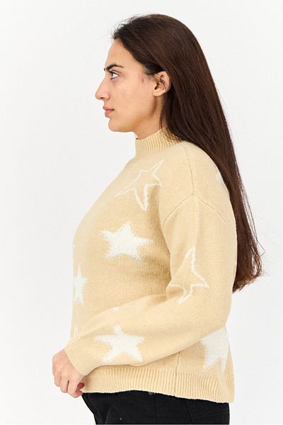 No Comment Women Mock Neck Knitted Sweater, Khaki