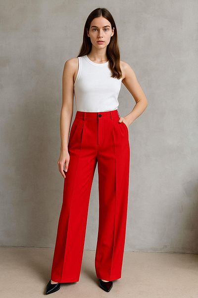 dk denemekabini Women's High Waist Comfortable Fit Pleated Palazzo Pants - Red