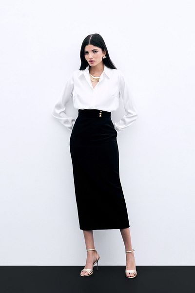 Sateen Fusta midi cu detaliu cu nasturi - NEGRĂ