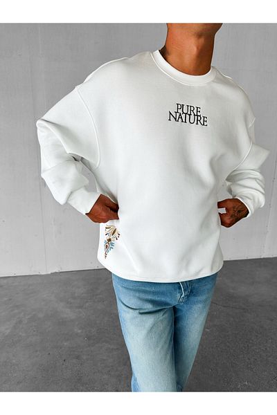 ablukaonline Λευκό Κεντημένο Oversize Φούτερ - Ανδρικό, Στρογγυλή λαιμόκοψη