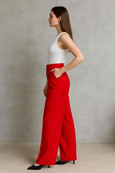 dk denemekabini Women's High Waist Comfortable Fit Pleated Palazzo Pants - Red