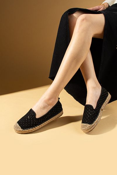 Pembe Potin Women's Espadrille Black Suede Light Comfortable Sole Stylish Casual Shoes