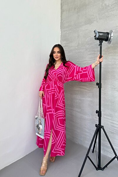 mezqa Γυναικείο φόρεμα με φούξια γεωμετρία με μοτίβο με ελαστική μέση και μακ...