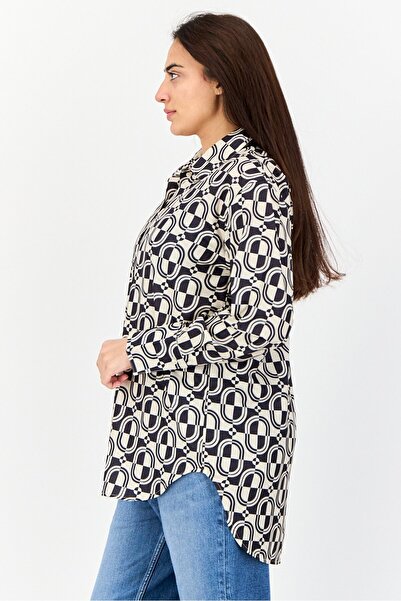 Bebe Women Spread Collar Long Sleeve Allover Print Tunic Shirt, Multicolor