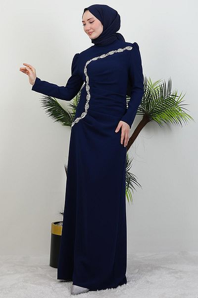 GİYZAMİLA Ασημένιο Πέτρα Κεντημένο Φόρεμα Navy Blue