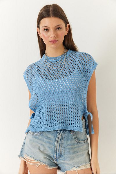 Bianco Lucci Women's Side Tie Detailed Openwork Crew Neck Sweater 60261568