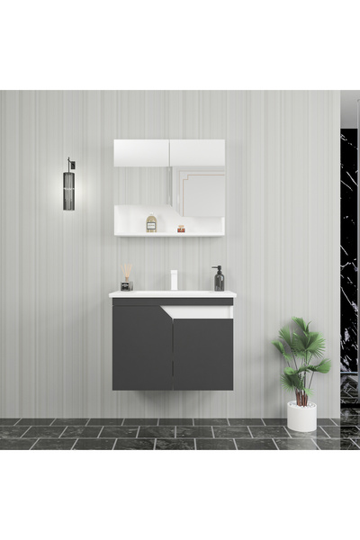 ARNETTİ Divino Alvis 100 Cm Lavabolu Banyo Dolabı – Antrasit Kapaklı, Beyaz G...