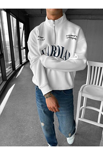 ablukaonline Ανδρικό φούτερ εκρού - Oversize, μισό φερμουάρ, γιακάς, στάμπα