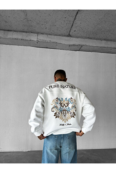 ablukaonline Λευκό Κεντημένο Oversize Φούτερ - Ανδρικό, Στρογγυλή λαιμόκοψη