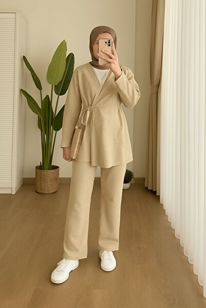 Miraydın Butik بدلة كتان برباط جانبي للسيدات M2453 - بيج