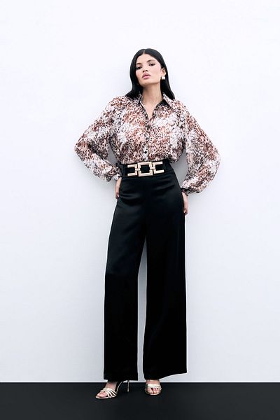 Sateen Satin Crepe Trousers with Waist Belt - Black
