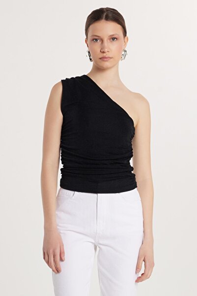 Tudors Bluză neagră, solidă, cu umăr dezactivat, slim fit pentru femei