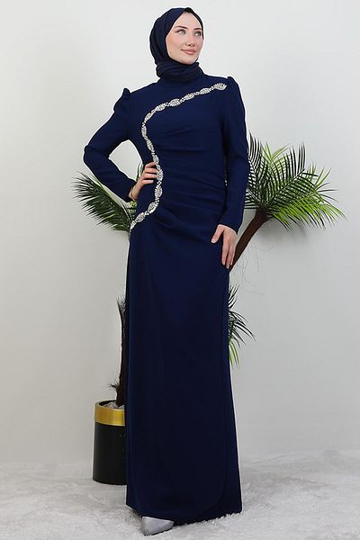 GİYZAMİLA Ασημένιο Πέτρα Κεντημένο Φόρεμα Navy Blue