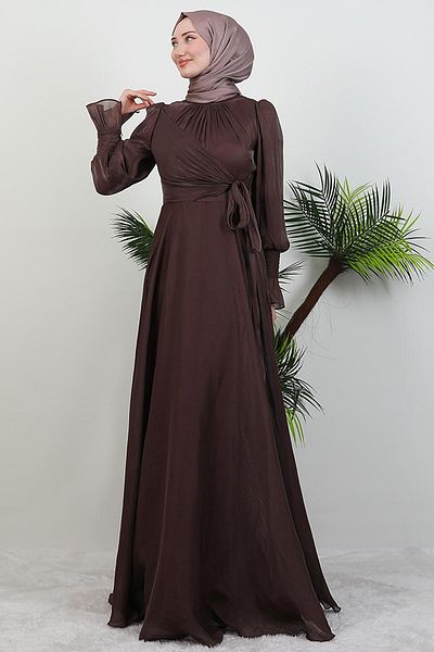 GİYZAMİLA Bow Detail Silk Evening Dress Bitter Brown