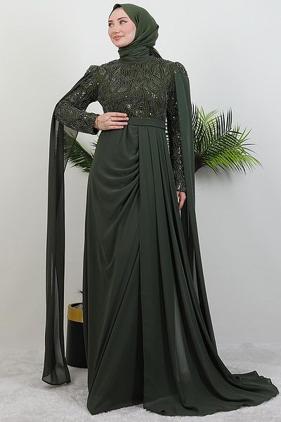 GİYZAMİLA Münteha Hijab Evening Dress Khaki