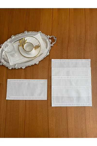 Smiling Home 6 Pieces Ecru Color Linen Double Row Ecru Color Embroidered Rectangular Tray Cover