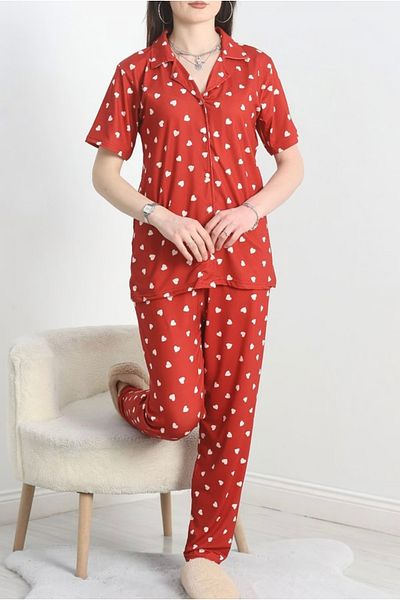 RED VELVET Short Sleeve Red Pajama Suit with Heart