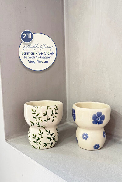 Anadolu Saray 2'li El Yapımı Seramik Sarmaşık ve Çiçek Tasarım Handmade Kupa Sekizgen Tasarım Mug Kupa Fincan 2'li