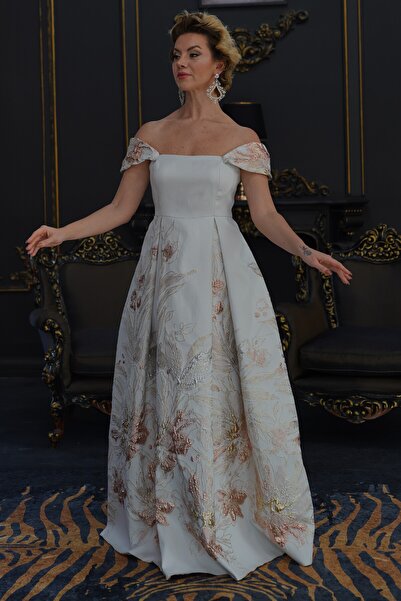 Lavoro Atelier by Emine Özdemir Kadın Desenli Brokar Kumaş A Kesim Abiye Elbise