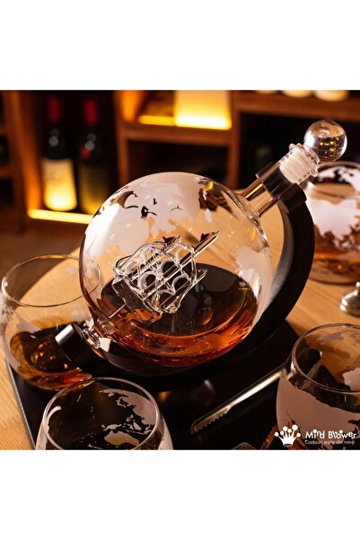 OEM Decanter set, Earth globe and boat design, 850 ml, 4 patterned glasses, accessories included